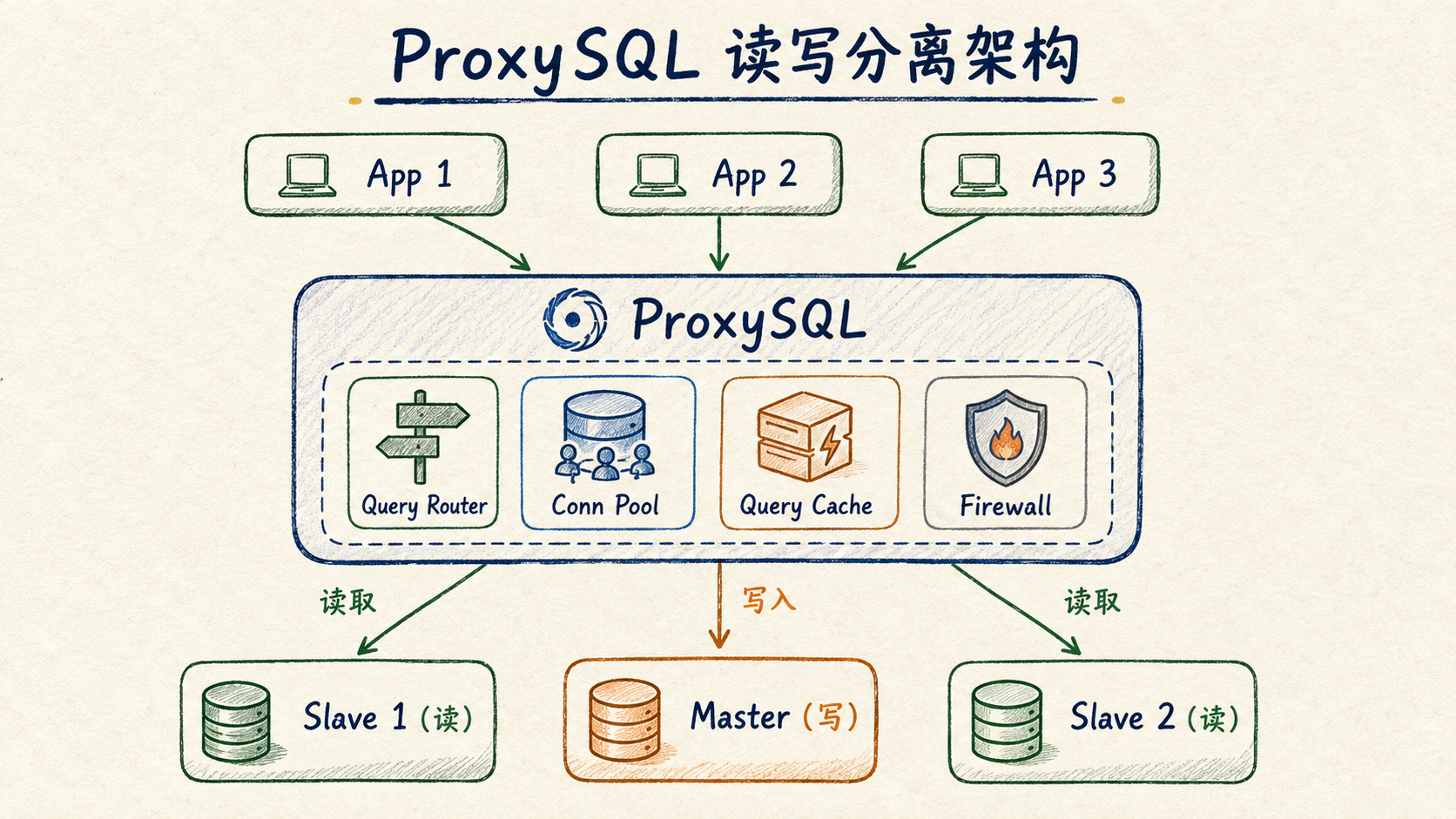 ProxySQL 通过查询路由、连接池、缓存和防火墙实现读写分离