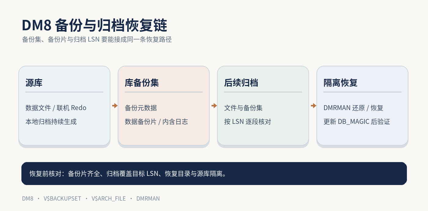 达梦 DM8 全备、归档与隔离恢复关系示意图