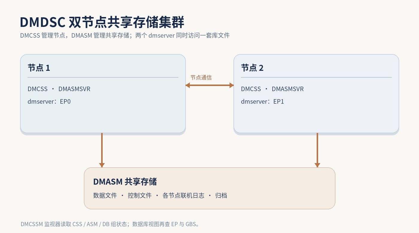 达梦 DMDSC 双节点共享存储架构示意图