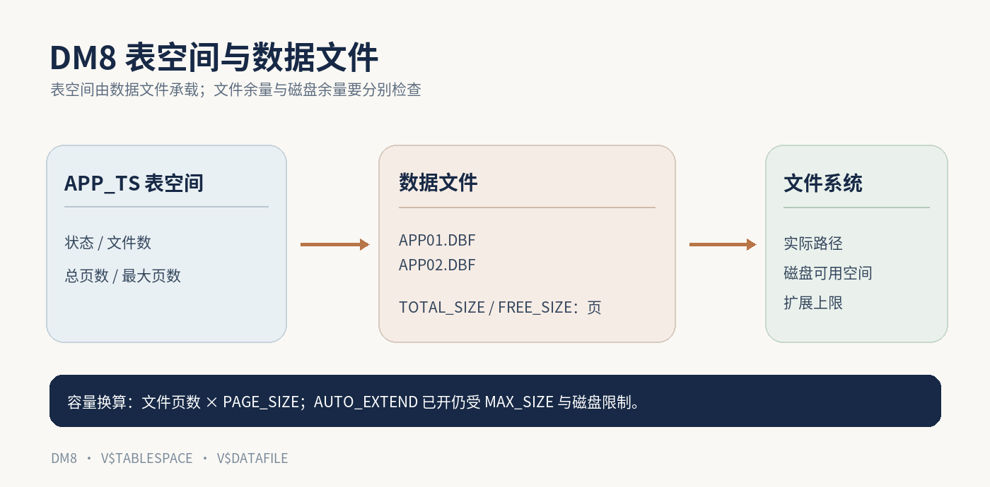 达梦 DM8 表空间与数据文件关系示意图